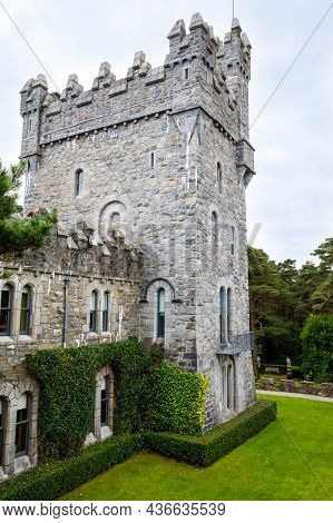Glenveagh Castle, Donegal In Northern Ireland. Beautiful Park And Garden In Glenveagh National Park,
