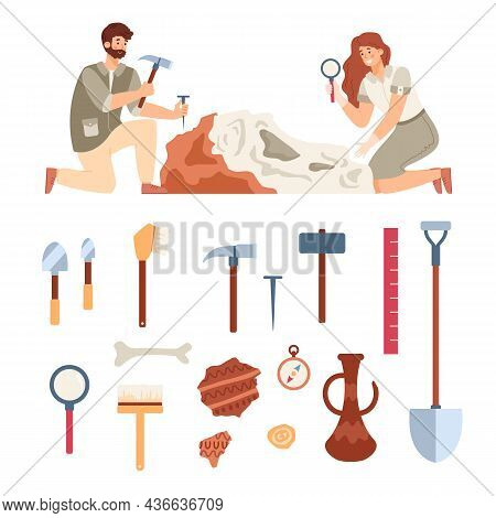 Tools For Archeology Excavations, Ancient Artifact And Working Archaeologists.