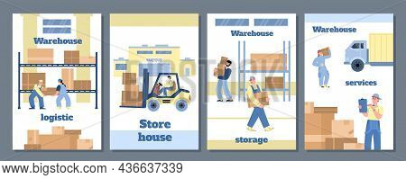 Set Of Templates For Posters, Banners Of Warehouse Work In Flat Vector Illustration