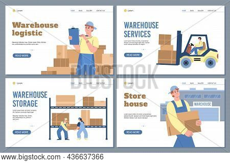 Warehouse Storage And Logistic Website Banners, Flat Vector Illustration.