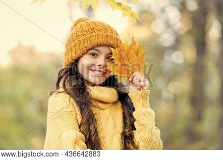 Feeling The Nature. Knitwear Warm You In Any Weather. Girl In Yellow Sweater And Hat. Kid Enjoy Natu