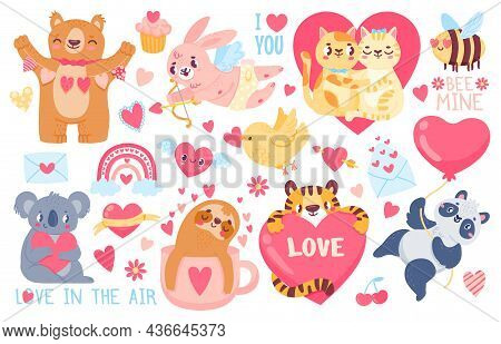 Valentines Day Animals. Cupid Bunny, Pet Cats Love Couple Hug, Tiger, Koala And Panda With Hearts. H