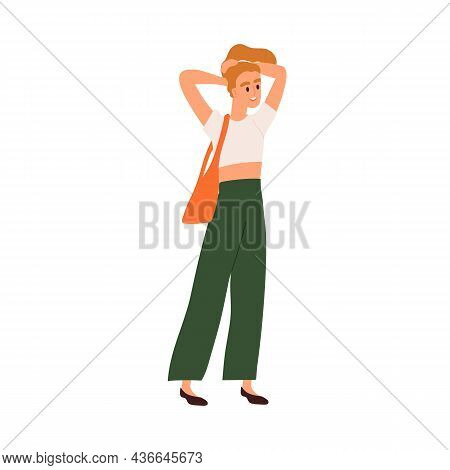 Happy Woman Tie Her Hair Into Ponytail On The Go. Modern Female Doing Pony-tail Hairstyle On The Mov