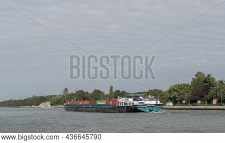 Hasselt. Limburg - Belgium 09-25-2021. Barge Sailing Along The Channel. Landscape. Copspace