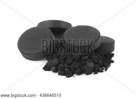 Activated Charcoal On White Background. Potent Sorbent