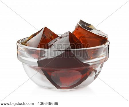 Delicious Grass Jelly Cubes In Glass Bowl Isolated On White