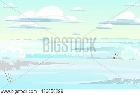Winter Glade. Rural Landscape With Cold White Snow And Drifts. Beautiful Frosty View Of Countryside 