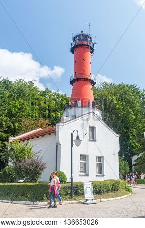 Rozewie, Poland - July 21, 2021: Baltic Sea Lighthouse In Rozewie Village In Poland.