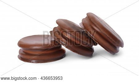 Delicious Choco Pies On White Background. Classic Snack Cakes
