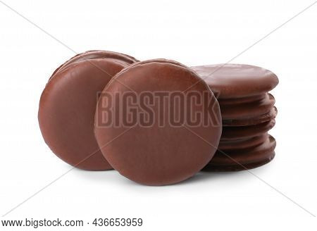 Delicious Choco Pies On White Background. Classic Snack Cakes
