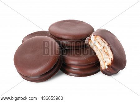 Delicious Choco Pies On White Background. Classic Snack Cakes