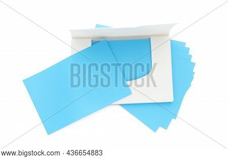 Package Of Facial Oil Blotting Tissues On White Background, Top View. Mattifying Wipes