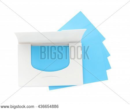 Package Of Facial Oil Blotting Tissues On White Background, Top View. Mattifying Wipes