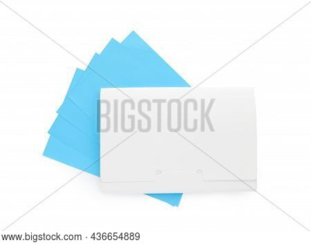Package Of Facial Oil Blotting Tissues On White Background, Top View. Mattifying Wipes