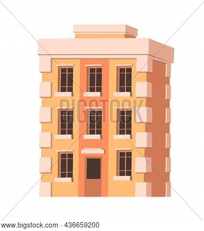 Claccic City Building. Cartoon Fun Flat Style. Isolated On White Background. Residential Building Wi