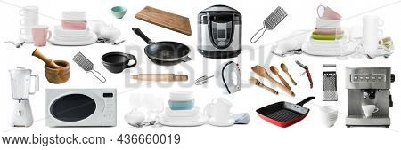 Kitchen electronics and household utensils set collage isolated on white background. Different devices and dishes for cookery collection for home