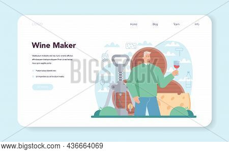 Wine Maker Web Banner Or Landing Page. Grape Wine In A Wood Barrel