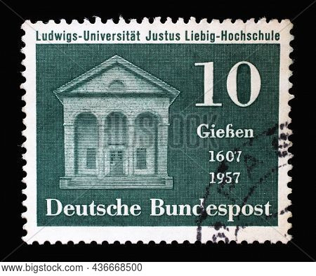 ZAGREB, CROATIA - JUNE 27, 2014: Stamp printed in Germany, shows Liebig Laboratory, 350th Anniversary of the Justus Liebig School at Ludwig University, Giessen, circa 1957