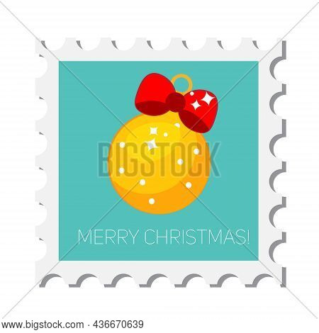 Chiristmas Postal Stamp With Spruce Bauble. New Year Postage Symbol. Vector Icon