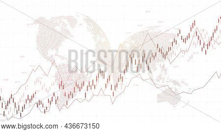 Abstract Financial Chart With Uptrend Line Graph And World Map On Black And White Color Background. 