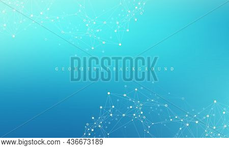 Digits Abstract Background With Connected Line And Dots, Wave Flow. Digital Neural Networks. Network