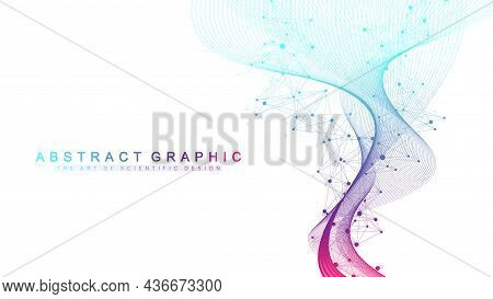 Digits Abstract Background With Connected Line And Dots, Wave Flow. Digital Neural Networks. Network