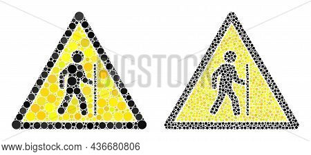 Dot Hiking Man Danger Icon. Mosaic Hiking Man Danger Icon United From Spheric Parts In Various Sizes