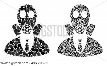 Pixelated Gasmask Boss Icon. Collage Gasmask Boss Icon United From Round Elements In Variable Sizes 