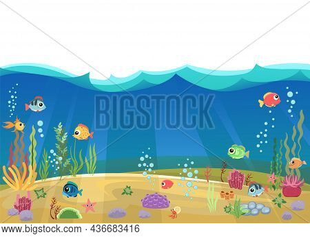 Bottom Of Reservoir With Fish. Isolated. Blue Water. Sea Ocean. Underwater Landscape With Animals. P