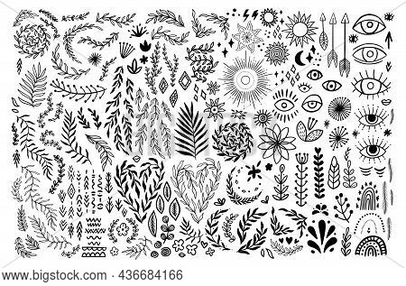 Doodle Boho Vintage Floral Set. Bohemian Symbols In Rustic Graphic Style. Collection Silhouettes Moo