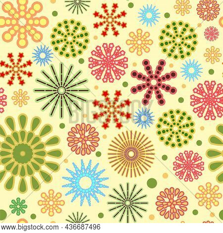 Festive Background. Square Seamless Pattern. Bright Flashes Of Fireworks In A Symbolic Style. Petard