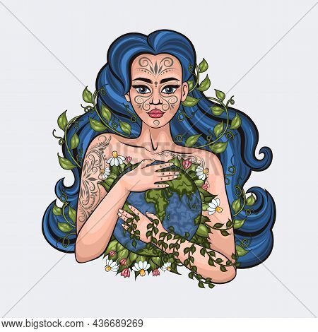 Mother Earth As Environmental Ecological And Green Planet Tiny Person Concept. Cute Cartoon Vector G