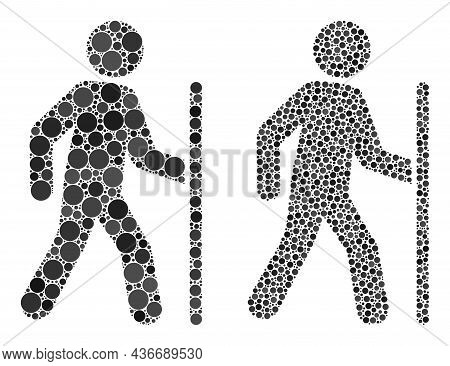 Dot Hiking Man Icon. Mosaic Hiking Man Icon Composed Of Circle Items In Various Sizes And Color Vari
