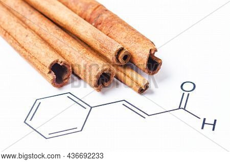 Aromatic Cinnamon And Cinnamaldehyde, Chemical Structure And Formula. Organic Compound That Gives Ci