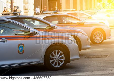 Moscow, Russia - October  13, 2021: An Even Row Of Identically Parked Emercom Of Russia Cars  On The