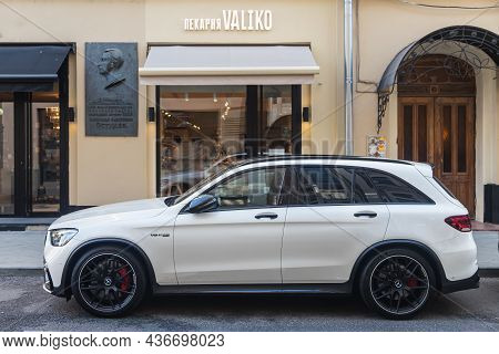Moscow, Russia - October  13, 2021: White  Mercedes-benz Glc-class Is Parked  On The Street On A War