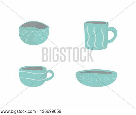Set Of Turquoise Ceramic Dishes With Light Patterns