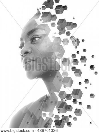 A black and white portrait of an African American woman combined with black 3D cubes in a double exposure technique.