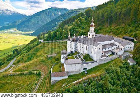 Abbey Of Monte Maria In Alpine Village Of Burgeis View, Trentino Alto Adige Region Of Italy