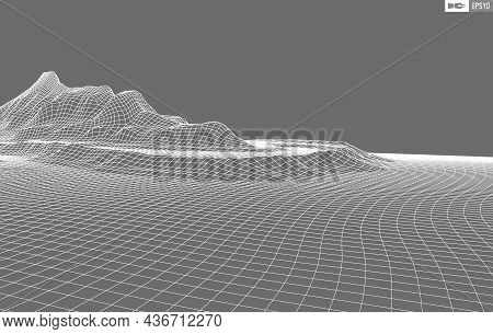 Wireframe Landscape On White Background. Abstract Geometric Vector Technology Background. 3d Vector 