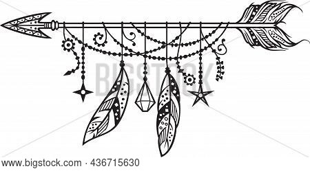 Boho Arrow With Feathers Black And White Vector