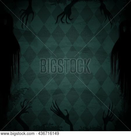 Green Grunge Wallpaper Background With Creepy Hands And Ghosts