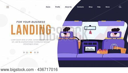 Rear View From Backseat Of Driver And Passenger In Car Isolated Flat Vector Illustration. Cartoon Co