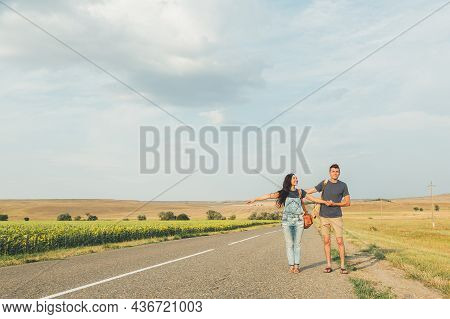 Hitchhiking. Thumb Up. Concept - Adventure, Free, Freedom Free Space For Text