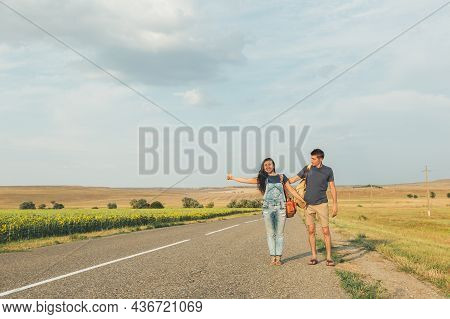 Hitchhiking. Thumb Up. Concept - Adventure, Free, Freedom Free Space For Text