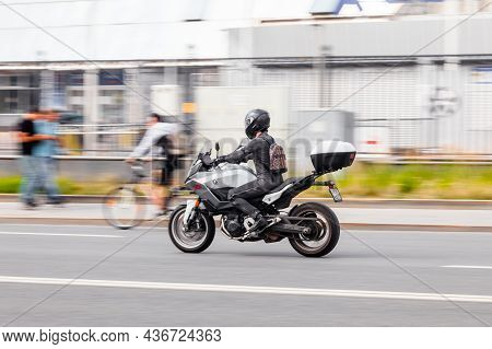 Moscow, Russia - August 2021: Bmw F 900 Xr Motorcycle In Motion On The City Highway. Side View Of Ma