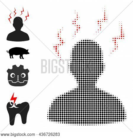 Pixelated Halftone Head Migrain Strikes Icon, And Source Icons. Vector Halftone Collage Of Head Migr