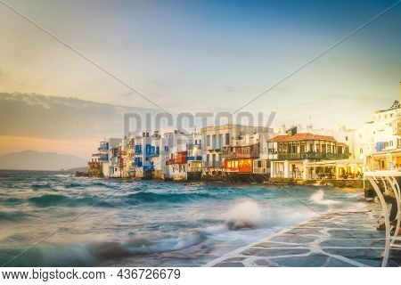 Lettle Venice Waterfront At Mykonos Island, Greece With Sunshine