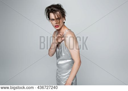 Scared Transgender Man With Red Lips In Slip Dress Gesturing Isolated On Gray