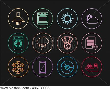 Set Line Cargo Ship, Add New File, Sun, Storm, Washer, Kitchen Extractor Fan, Medal And Oven Icon. V